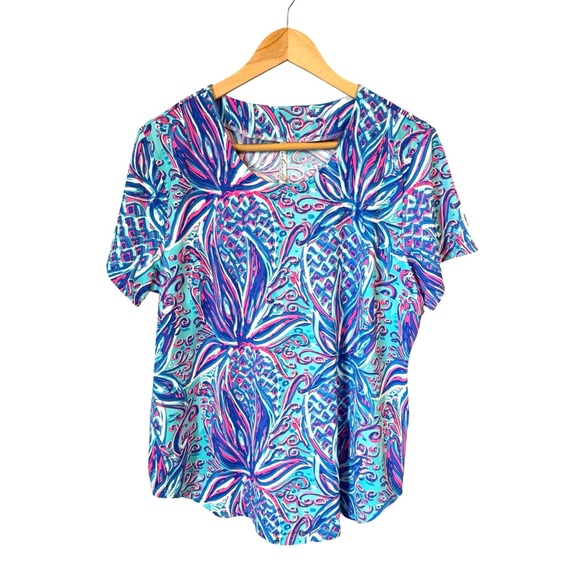Lulu B Top Women’s XL Multicolor Tropical Short Sleeve Round Hem Top Stretch - Picture 1 of 4